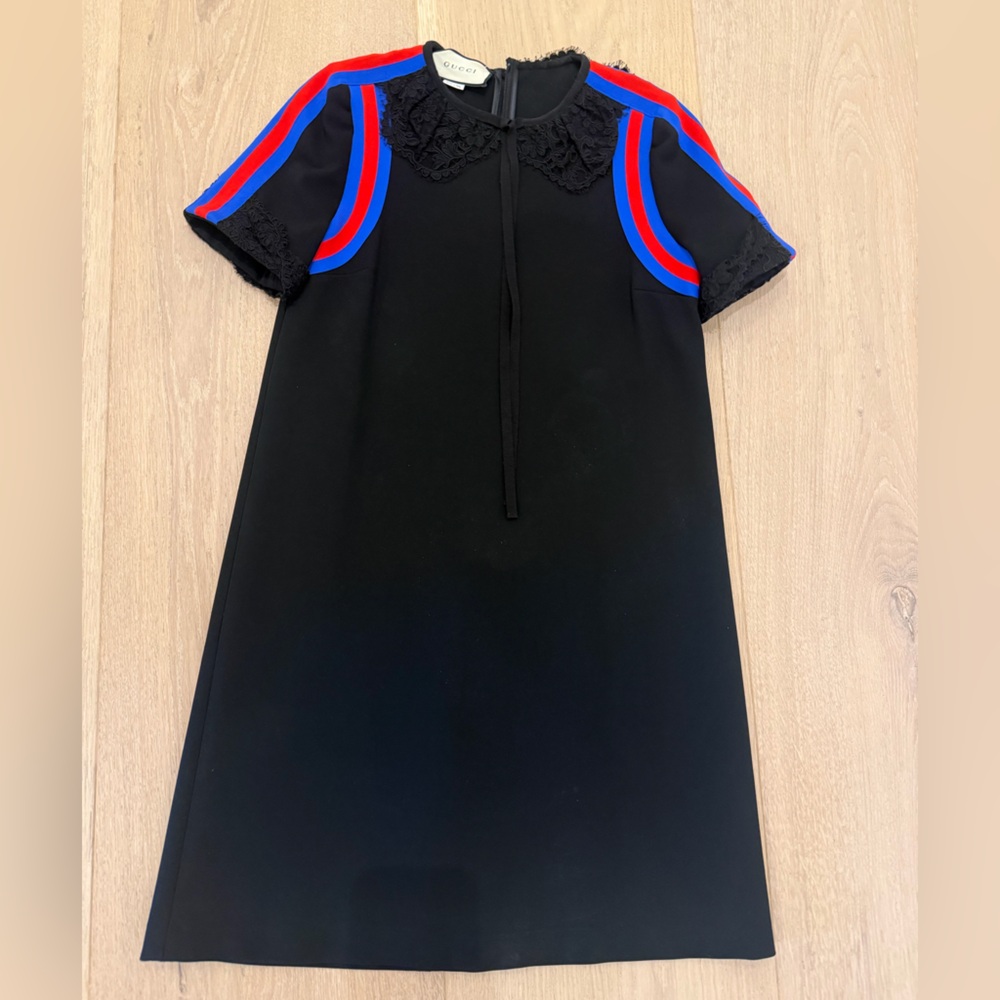 Gucci Black Dress with Red and Blue Stripes